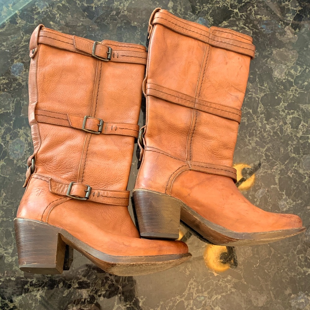Frye Cognac Brown Leather Mid-Calf Buckle Boots